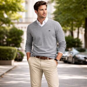 Lacoste V-neck classic knit sweater mens L gray Ivy League Preppy light academia